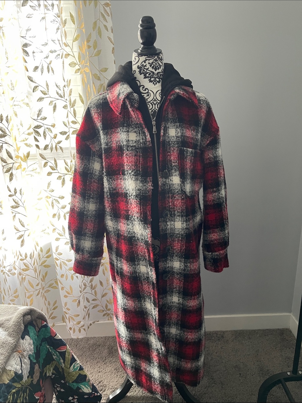 Avec Les Filles red and black plaid coat with hooded insert